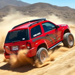 A vibrant red 2005 Chevy Tracker modified into a rally car, showcasing its sporty features like a roof scoop, rally decals, larger tires, and a sleek aerodynamic body