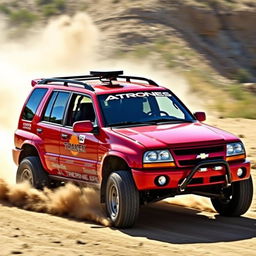 A vibrant red 2005 Chevy Tracker modified into a rally car, showcasing its sporty features like a roof scoop, rally decals, larger tires, and a sleek aerodynamic body