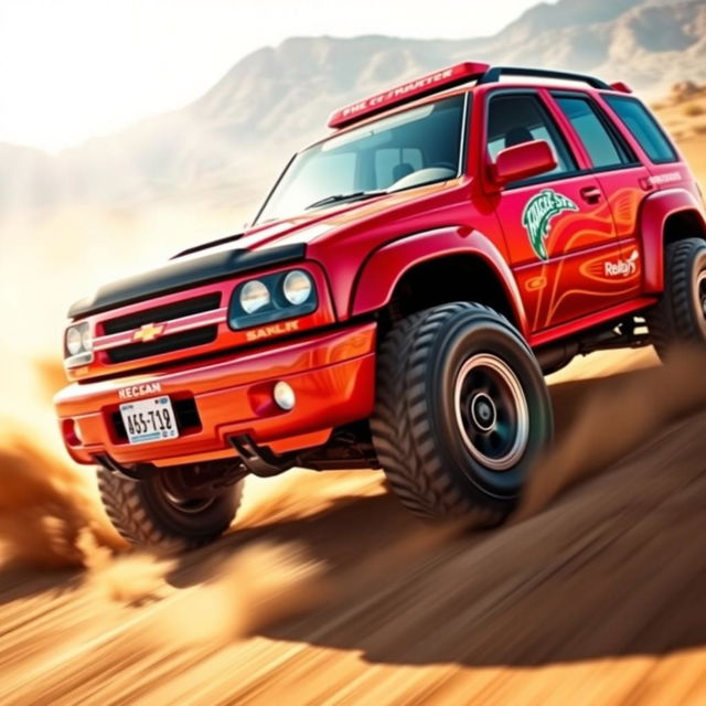 A vibrant red 2005 Chevy Tracker modified into a rally car, showcasing its sporty features like a roof scoop, rally decals, larger tires, and a sleek aerodynamic body