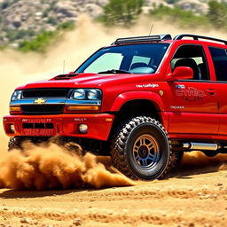 A vibrant red 2005 Chevy Tracker modified into a rally car, showcasing its sporty features like a roof scoop, rally decals, larger tires, and a sleek aerodynamic body