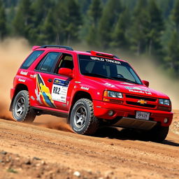 A vibrant red 2005 Chevy Tracker designed as a World Rally Championship (WRC) racing car