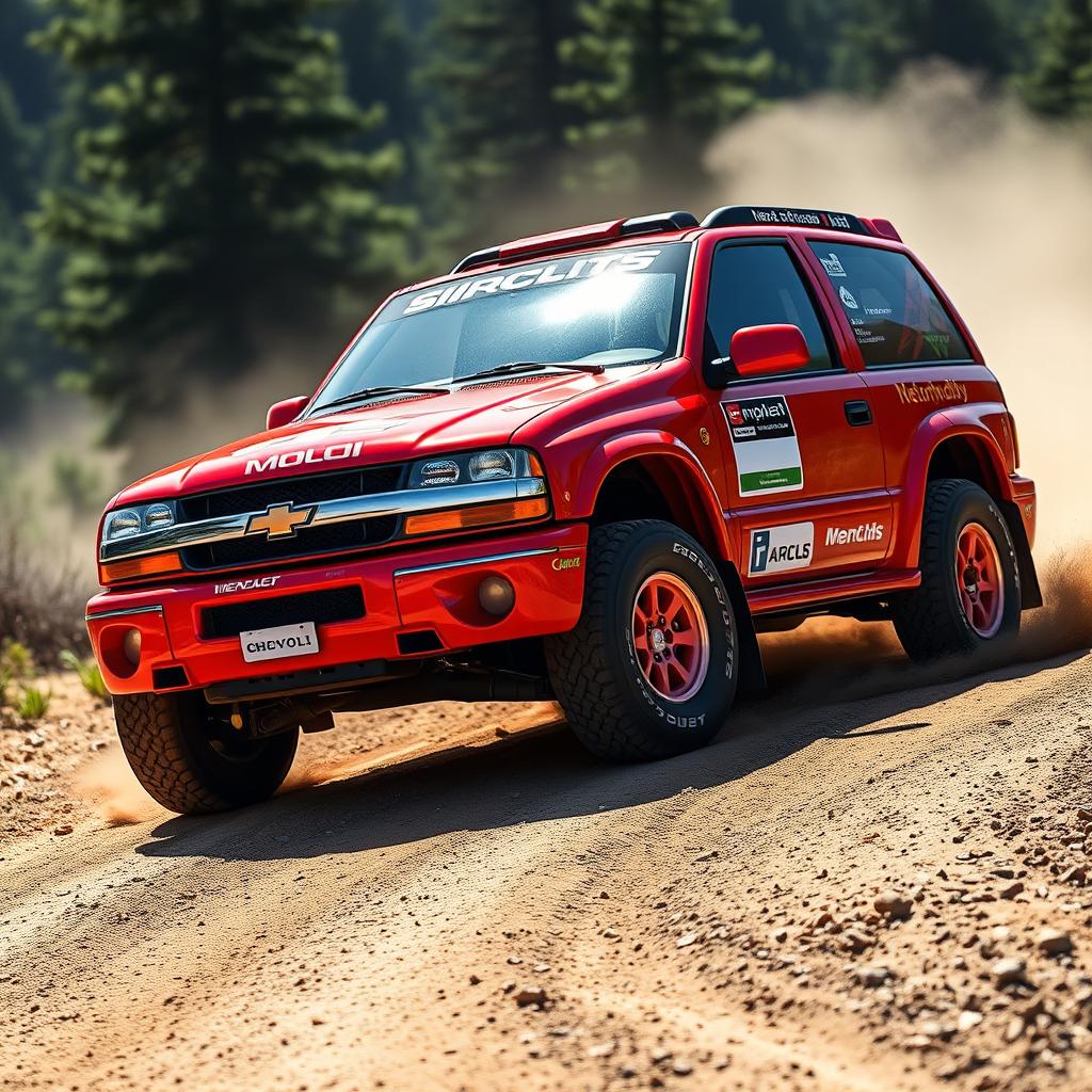 A vibrant red 2005 Chevy Tracker designed as a World Rally Championship (WRC) racing car