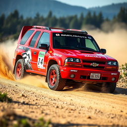 A vibrant red 2005 Chevy Tracker designed as a World Rally Championship (WRC) racing car