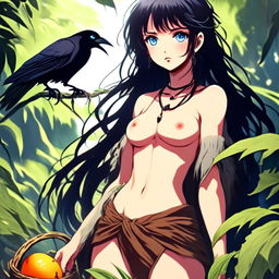 Anime art of a grunge-styled girl with raven-black hair and icy-blue eyes, indulging in a ripe fruit, dressed in a primitive loincloth, standing amidst a verdant wilderness, radiating defiance and resilience.