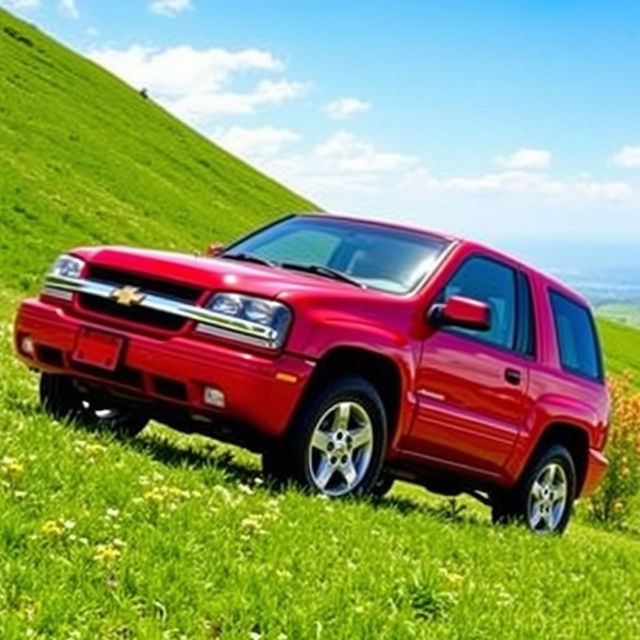 A vibrant red 2005 Chevy Tracker parked on a scenic hillside with lush green grass and a clear blue sky in the background