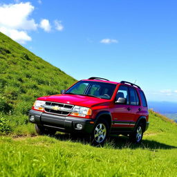A vibrant red 2005 Chevy Tracker parked on a scenic hillside with lush green grass and a clear blue sky in the background