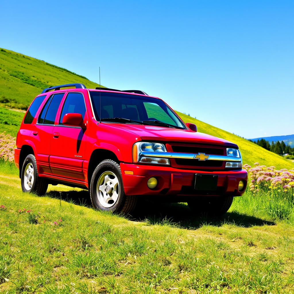 A vibrant red 2005 Chevy Tracker parked on a scenic hillside with lush green grass and a clear blue sky in the background