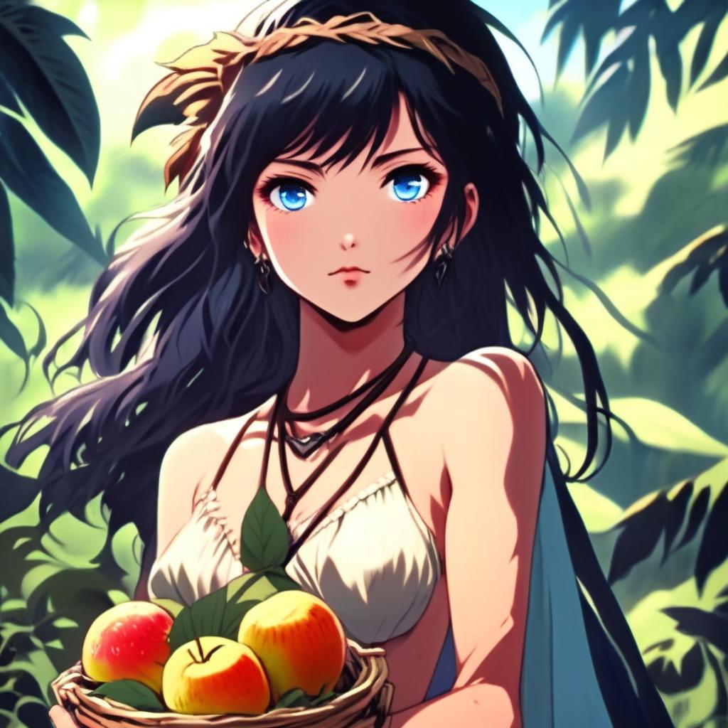 Anime art of a grunge-styled girl with raven-black hair and icy-blue eyes, indulging in a ripe fruit, dressed in a primitive loincloth, standing amidst a verdant wilderness, radiating defiance and resilience.