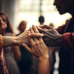 An intimate and heartwarming scene depicting four hands embracing, representing unity and connection