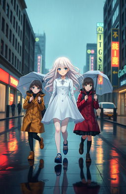 Three girls walking in the rain on a city street, with the center girl being a ghostly figure