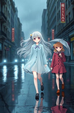 Three girls walking in the rain on a city street, with the center girl being a ghostly figure