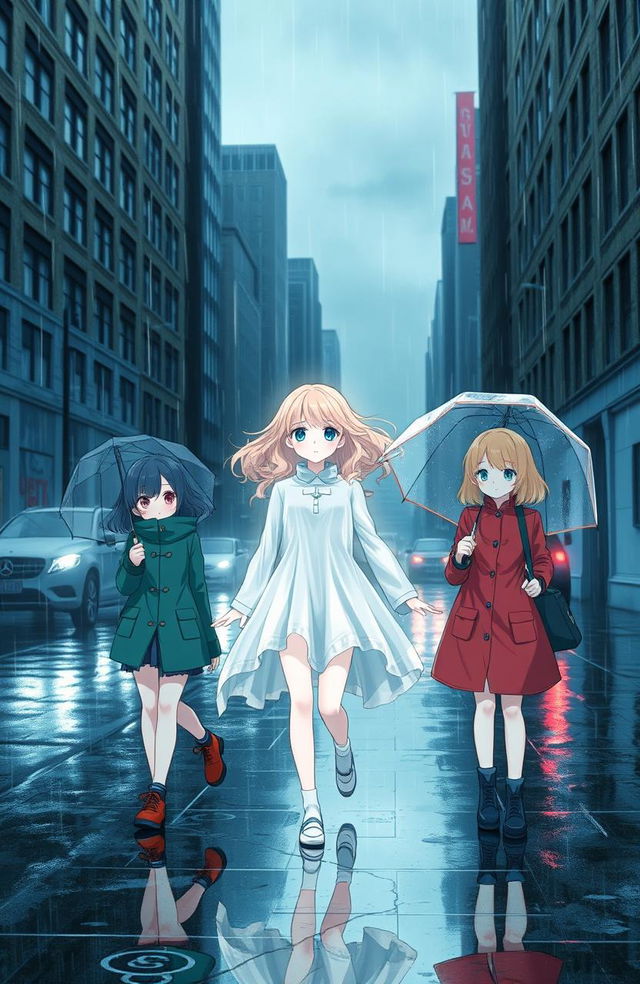 Three girls walking in the rain on a city street, with the center girl being a ghostly figure