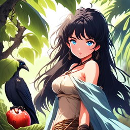 Anime art of a grunge-styled girl with raven-black hair and icy-blue eyes, indulging in a ripe fruit, dressed in a primitive loincloth, standing amidst a verdant wilderness, radiating defiance and resilience.