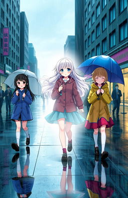 Three girls walking in the rain on a city street, with the center girl being a ghostly figure