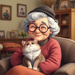 A charming depiction of a grandmother wearing round glasses and a small, stylish hat, sitting comfortably in an armchair