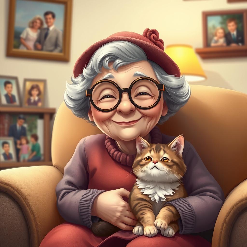 A charming depiction of a grandmother wearing round glasses and a small, stylish hat, sitting comfortably in an armchair