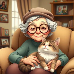 A charming depiction of a grandmother wearing round glasses and a small, stylish hat, sitting comfortably in an armchair
