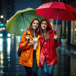 Two young women walking in the rain, carrying colorful umbrellas, with gentle raindrops falling around them