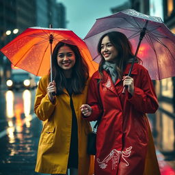 Two young women walking in the rain, carrying colorful umbrellas, with gentle raindrops falling around them