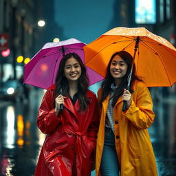 Two young women walking in the rain, carrying colorful umbrellas, with gentle raindrops falling around them