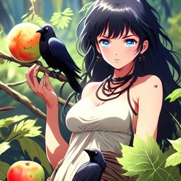 Anime art of a grunge-styled girl with raven-black hair and icy-blue eyes, indulging in a ripe fruit, dressed in a primitive loincloth, standing amidst a verdant wilderness, radiating defiance and resilience.