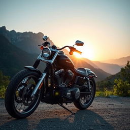 A stunning Harley Davidson motorcycle parked in a scenic landscape, showcasing its sleek design and chrome detailing