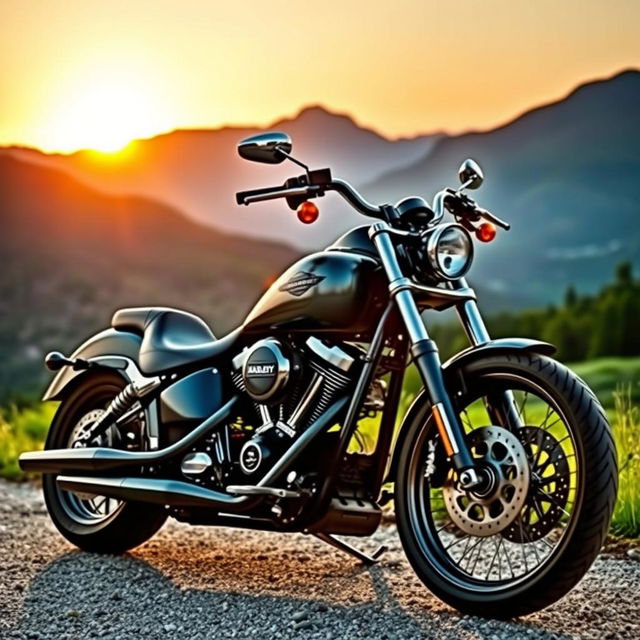 A stunning Harley Davidson motorcycle parked in a scenic landscape, showcasing its sleek design and chrome detailing