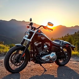 A stunning Harley Davidson motorcycle parked in a scenic landscape, showcasing its sleek design and chrome detailing
