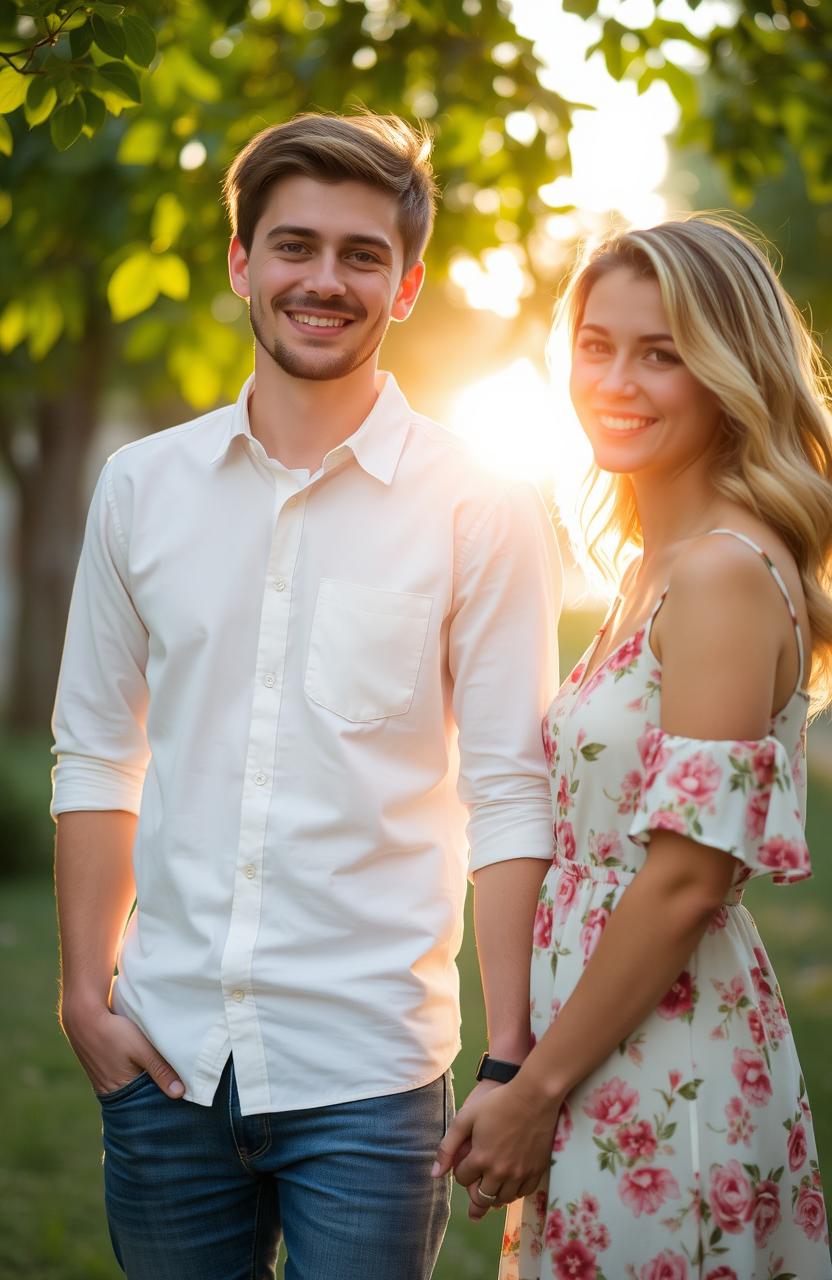 A shy man standing beside a cute woman, both smiling happily, in a bright, cheerful outdoor setting with soft sunlight filtering through leaves, showcasing a romantic yet innocent atmosphere