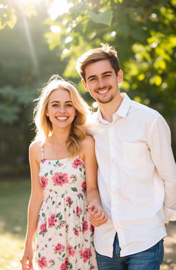 A shy man standing beside a cute woman, both smiling happily, in a bright, cheerful outdoor setting with soft sunlight filtering through leaves, showcasing a romantic yet innocent atmosphere