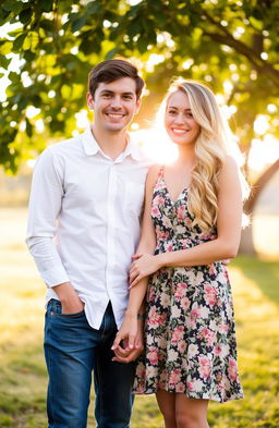 A shy man standing beside a cute woman, both smiling happily, in a bright, cheerful outdoor setting with soft sunlight filtering through leaves, showcasing a romantic yet innocent atmosphere