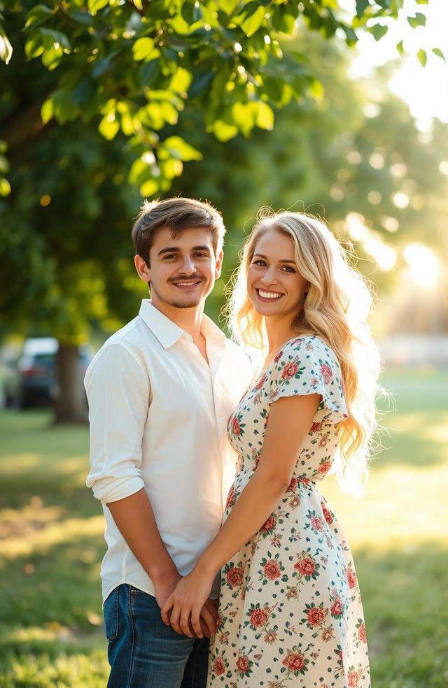 A shy man standing beside a cute woman, both smiling happily, in a bright, cheerful outdoor setting with soft sunlight filtering through leaves, showcasing a romantic yet innocent atmosphere