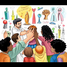 A heartwarming scene depicting an artistic interpretation of hands embracing, surrounded by a group of diverse people of varying ages, including an adult and a child