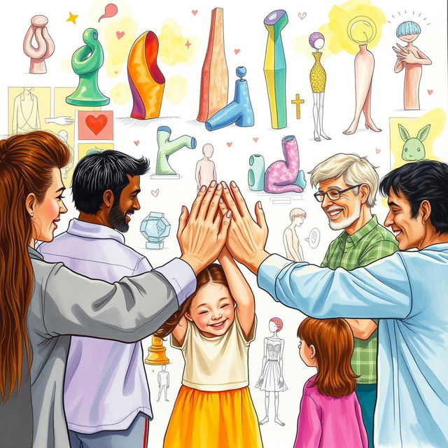 A heartwarming scene depicting an artistic interpretation of hands embracing, surrounded by a group of diverse people of varying ages, including an adult and a child