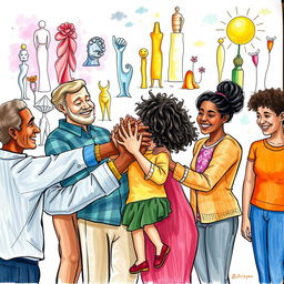 A heartwarming scene depicting an artistic interpretation of hands embracing, surrounded by a group of diverse people of varying ages, including an adult and a child