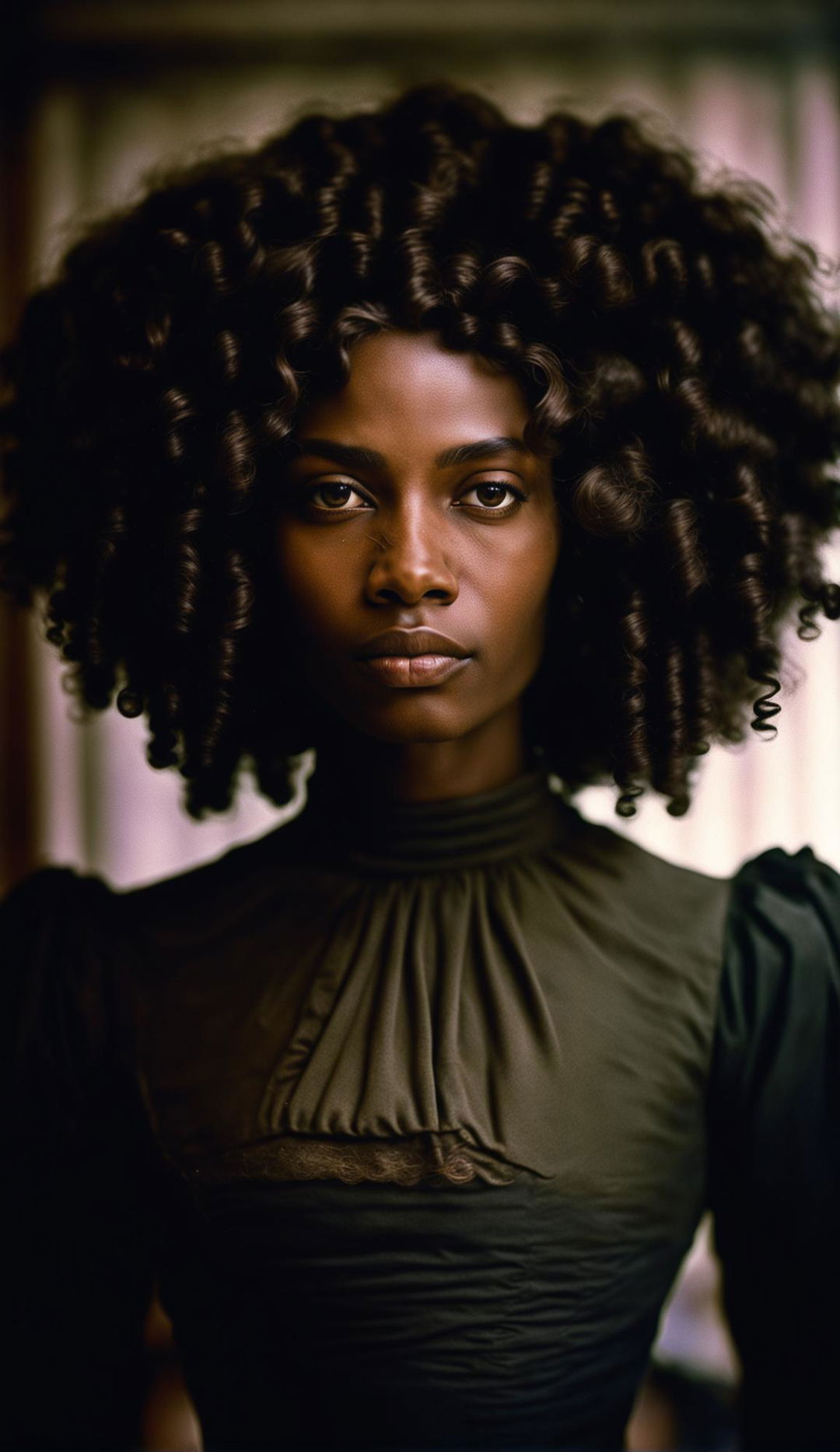 A timeless photograph by Julia Margaret Cameron featuring a black woman with glowing skin and expressive eyes. She's dressed in Victorian-era attire against a blurred background, under soft and diffused lighting.