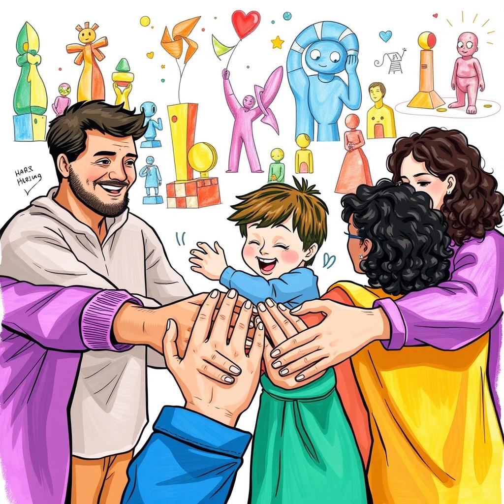 A heartwarming scene depicting an artistic interpretation of hands embracing, surrounded by a group of diverse people of varying ages, including an adult and a child