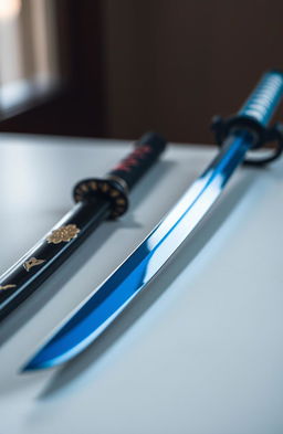 A beautiful blue katana, elegantly crafted with intricate details, lies on a smooth surface
