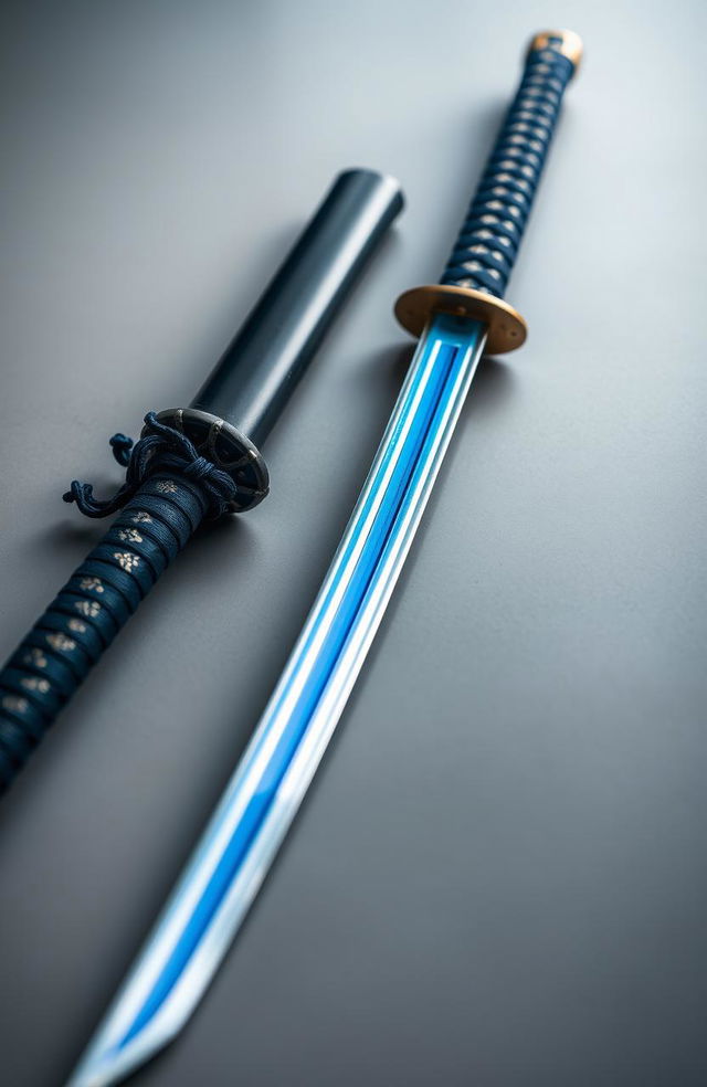 A beautiful blue katana, elegantly crafted with intricate details, lies on a smooth surface