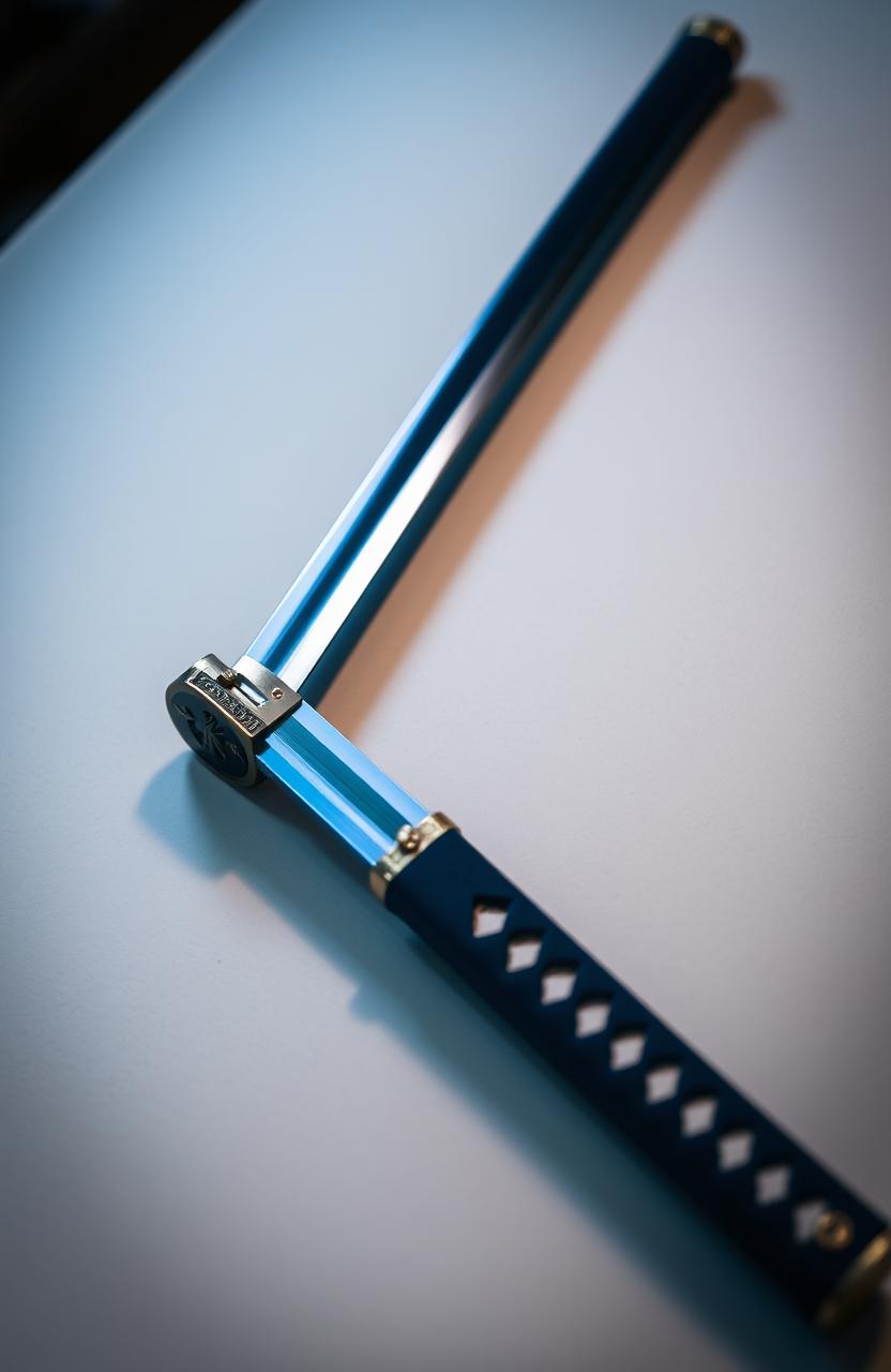 A beautiful blue katana, elegantly crafted with intricate details, lies on a smooth surface