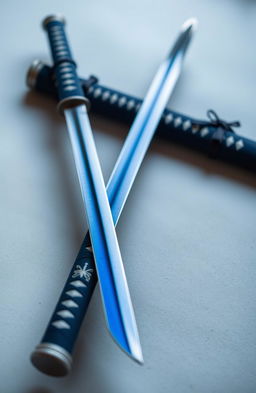 A beautiful blue katana, elegantly crafted with intricate details, lies on a smooth surface