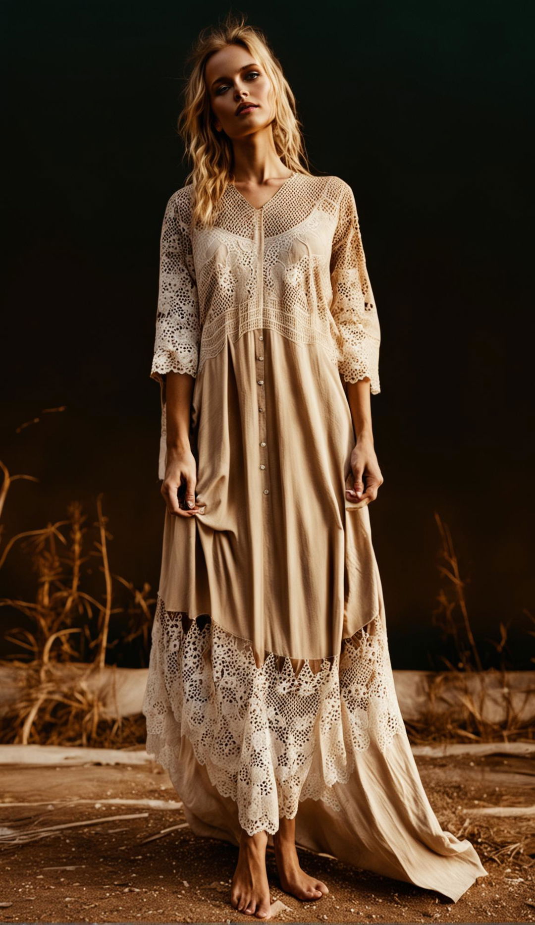 A model in a boho dress of neutral colors with lace details, barefoot in a high-definition photograph with perfect composition and lighting.