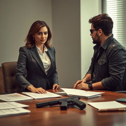 A female CEO in a sharp business suit, radiating power and professionalism, meeting with a male undercover agent dressed in casual, rugged attire