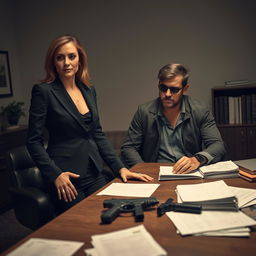 A female CEO in a sharp business suit, radiating power and professionalism, meeting with a male undercover agent dressed in casual, rugged attire