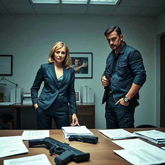 A female CEO in a sharp business suit, radiating power and professionalism, meeting with a male undercover agent dressed in casual, rugged attire