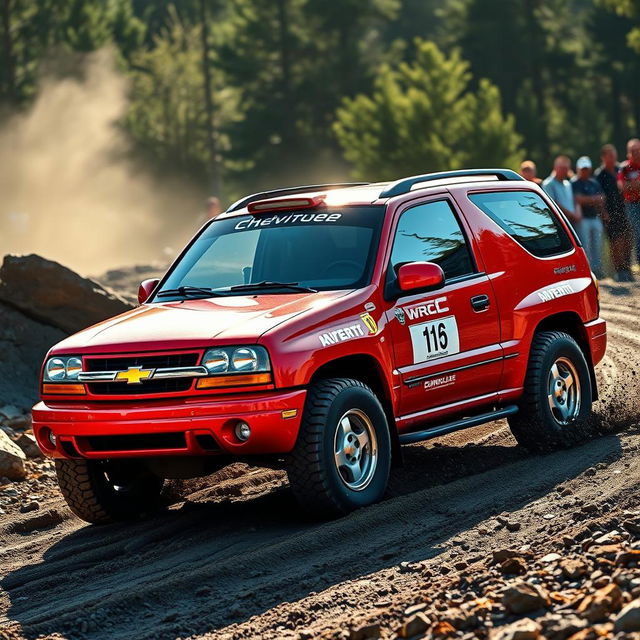 A vibrant red 2005 Chevy Tracker styled as a World Rally Championship (WRC) car