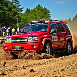 A vibrant red 2005 Chevy Tracker styled as a World Rally Championship (WRC) car