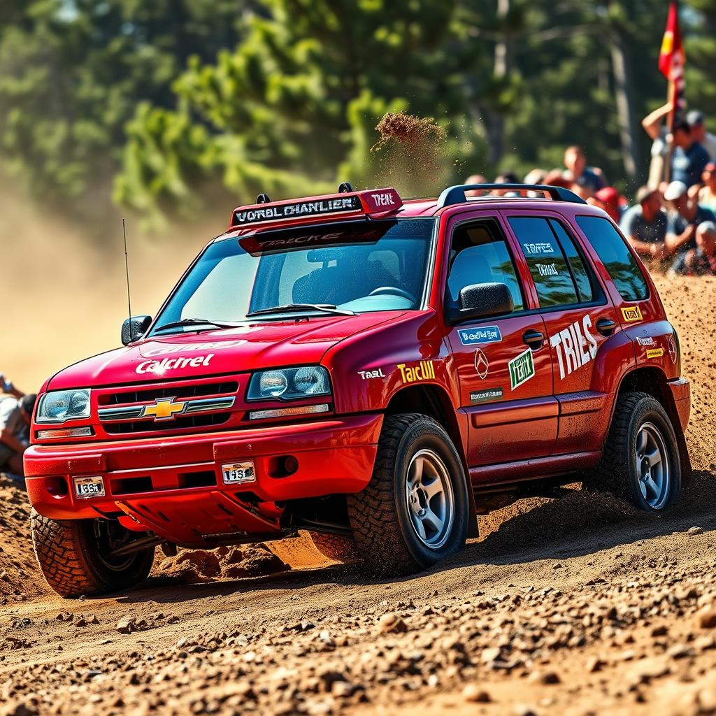 A vibrant red 2005 Chevy Tracker styled as a World Rally Championship (WRC) car