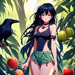 Anime art of a grunge-styled girl with raven-black hair and icy-blue eyes, indulging in a ripe fruit, dressed in a bathing suit, standing amidst a verdant wilderness, radiating defiance and resilience.