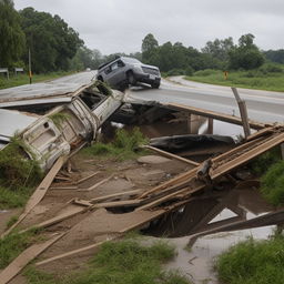 An SUV tossed about amidst the wreckage of a one-lane, road-level bridge that has been destroyed by a powerful flood.